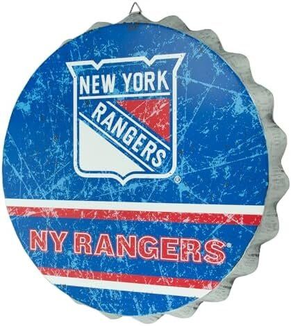 NHL New York Rangers 13” Jumbo Metal Distressed Bottle Cap Wall Sign 1 New York Rangers 13” Jumbo Metal Distressed Bottle Cap Wall Sign – Limited Edition FOCO New York Rangers Sign – Represent the NHL and Show Your Team Spirit with Officially Licensed New York Rangers