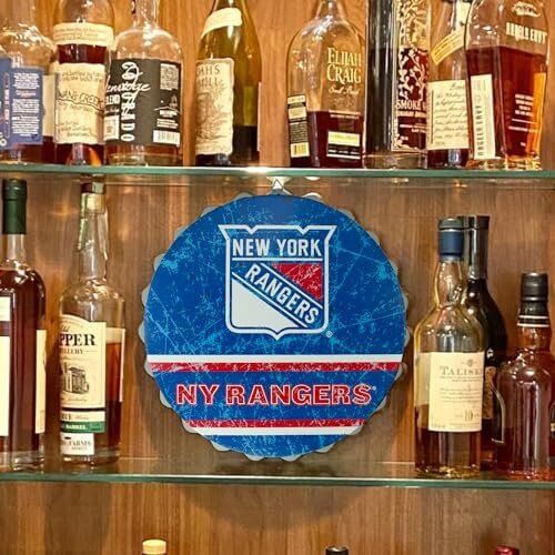 NHL New York Rangers 13” Jumbo Metal Distressed Bottle Cap Wall Sign 3 NHL New York Rangers 13” Jumbo Metal Distressed Bottle Cap Wall Sign - Image 3