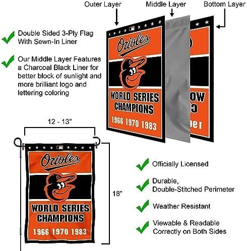 MLB Baltimore Orioles 3-Time World Series Champions Double Sided Garden Flag 5 MLB Baltimore Orioles 3-Time World Series Champions Double Sided Garden Flag - Image 5