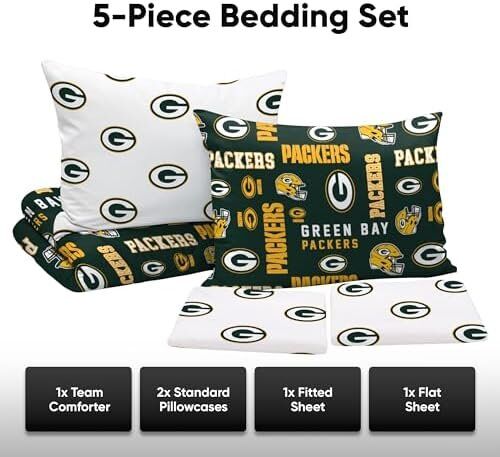 FOCO NFL Green Bay Packers Bed in a Bag Comforter Sheets Pillow Cases Bedding 5-Piece Set 3 FOCO NFL Green Bay Packers Bed in a Bag Comforter Sheets Pillow Cases Bedding 5-Piece Set - Image 3